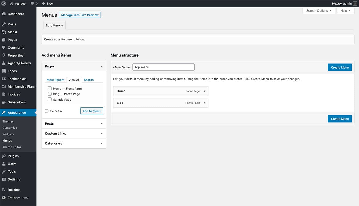 Resideo theme create menu