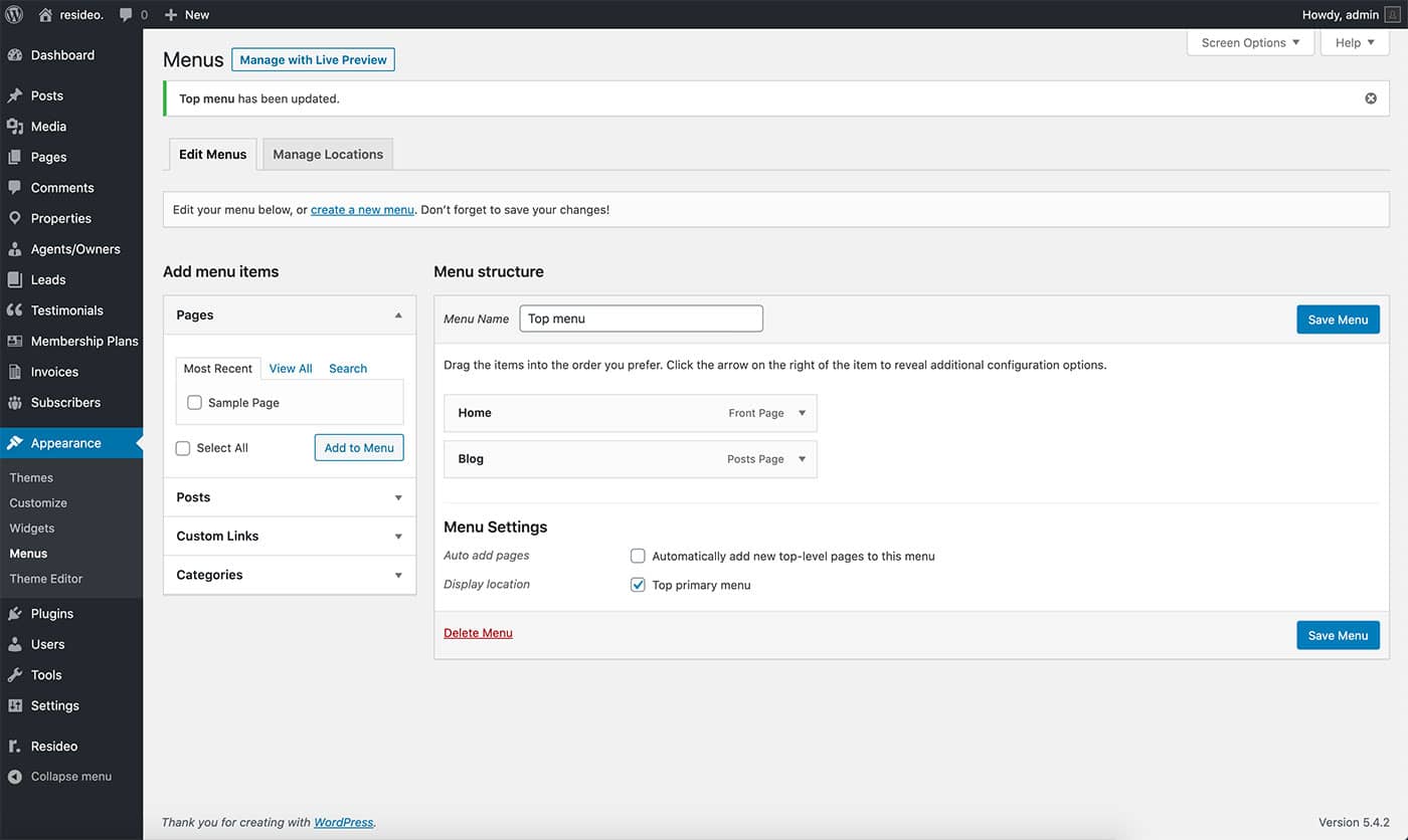 Resideo theme menu setup