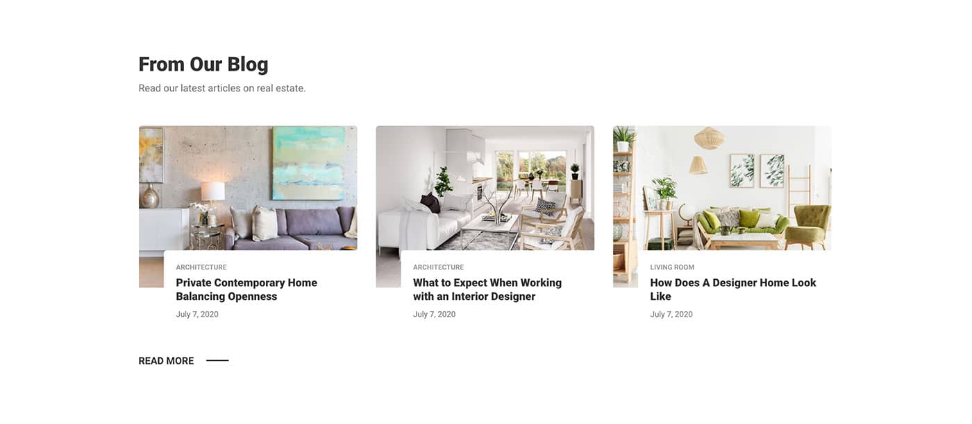 Resideo theme Recent Blog Posts content module front-end