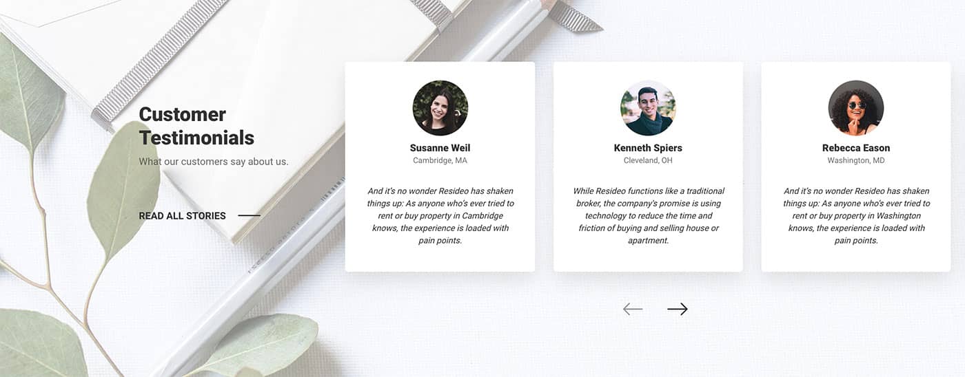 Resideo theme Testimonials content module front-end