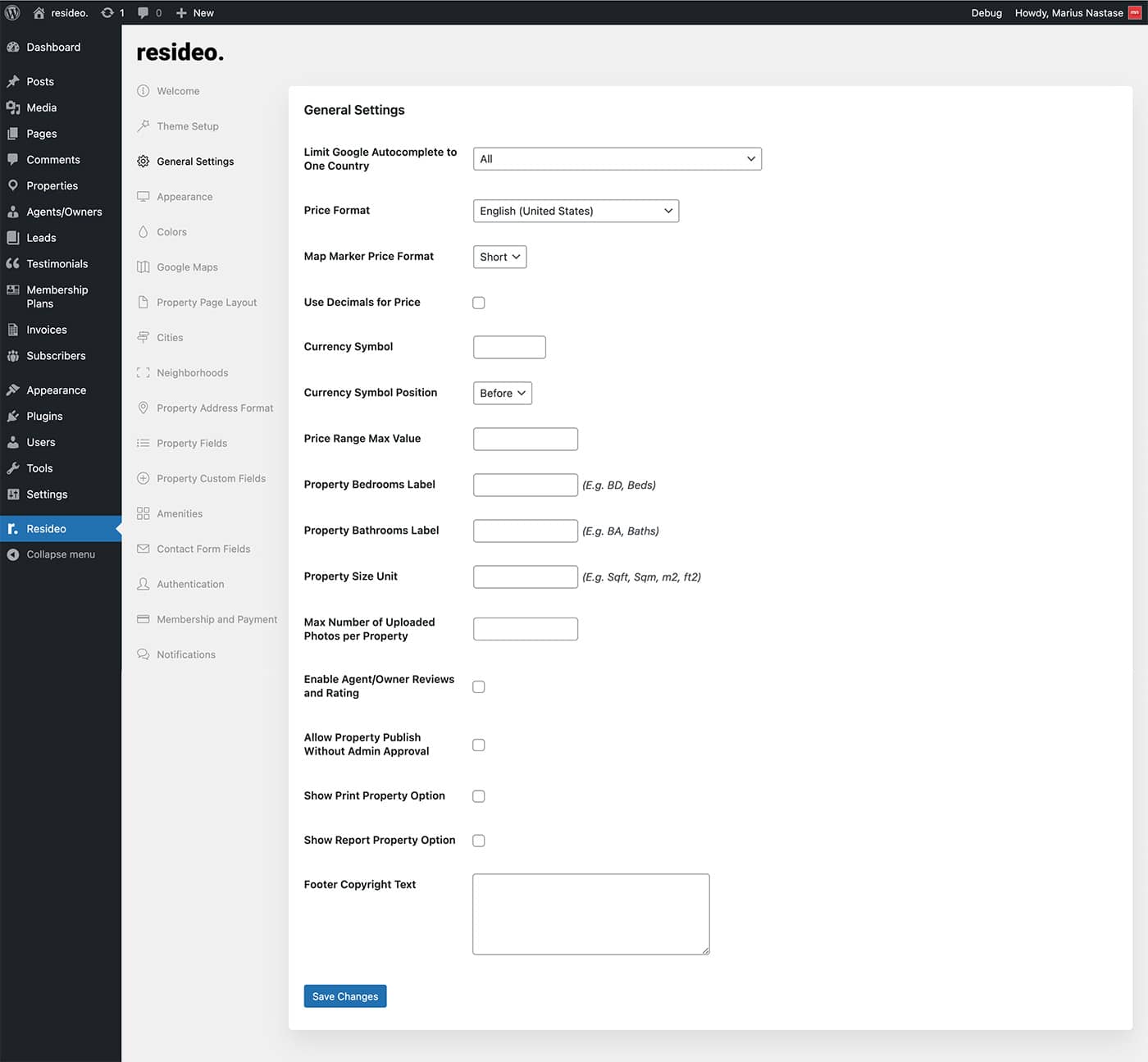 Resideo theme general settings