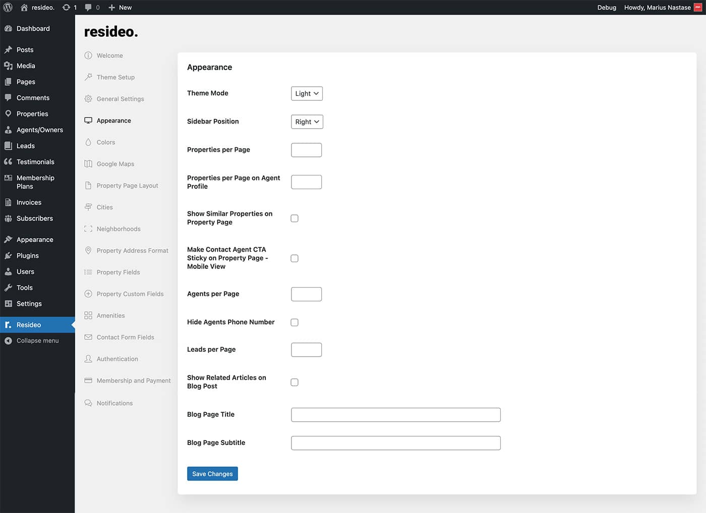 Resideo theme appearance settings
