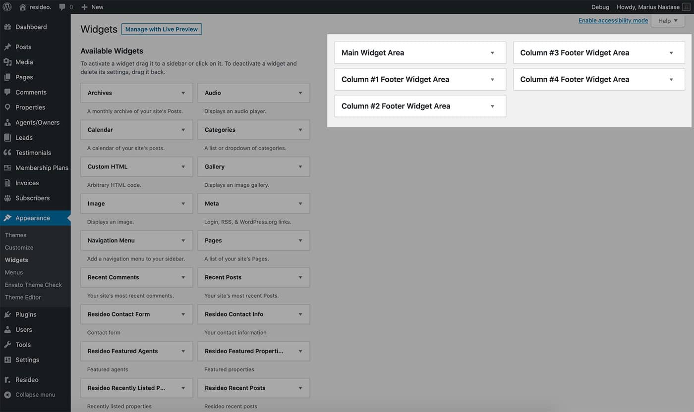 Resideo theme widget areas