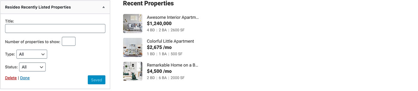 Resideo theme Recent Properties widget