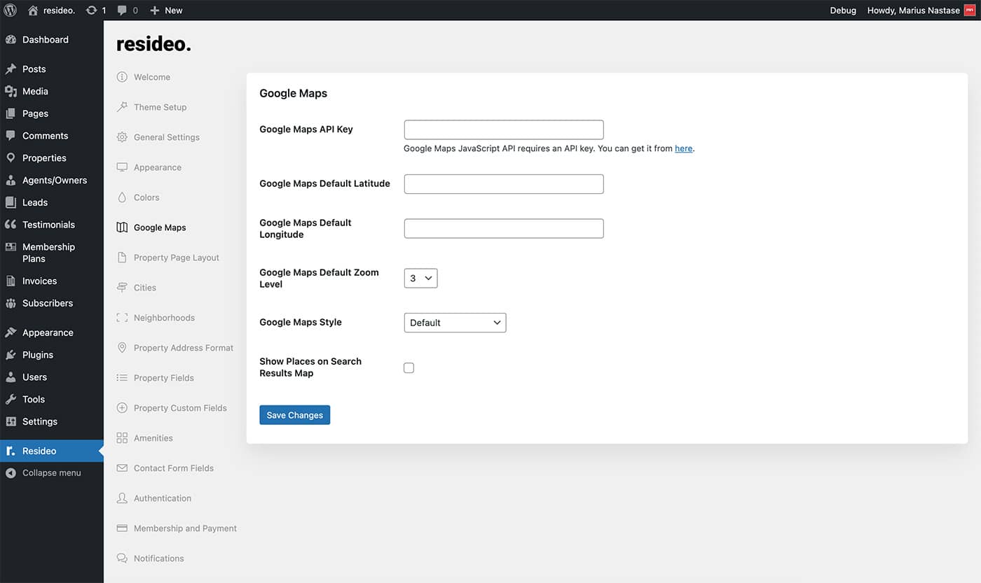Resideo theme google maps settings