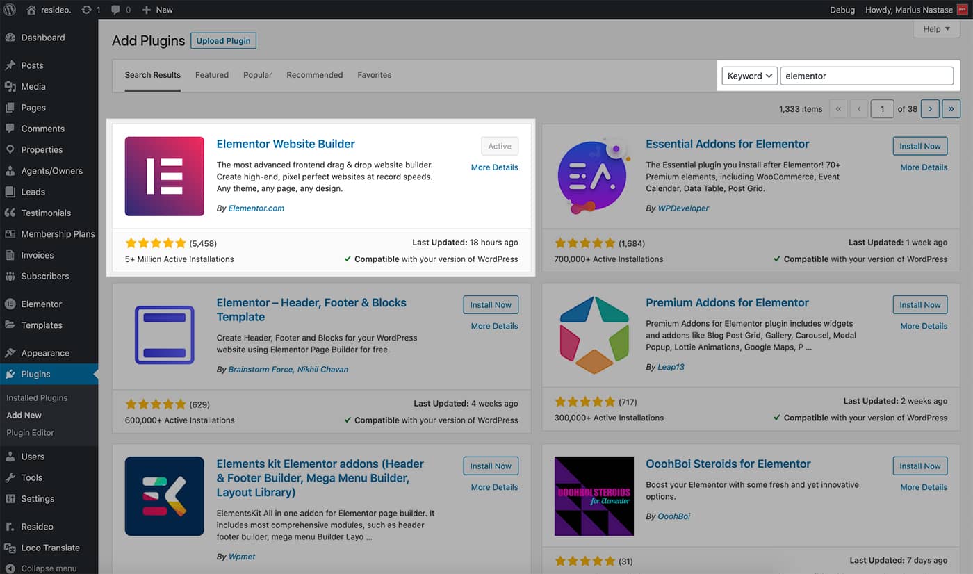 Resideo theme Elementor installation