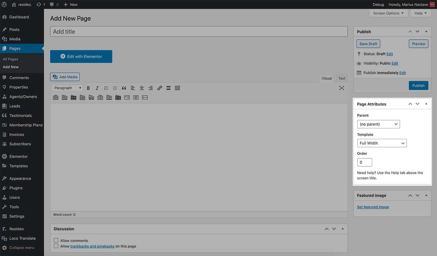 Resideo theme new Elementor page