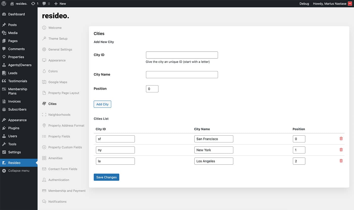 Resideo theme cities settings