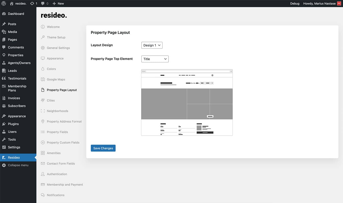 Resideo theme property page layout settings