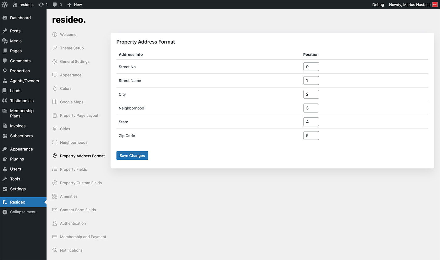 Resideo theme property address format settings