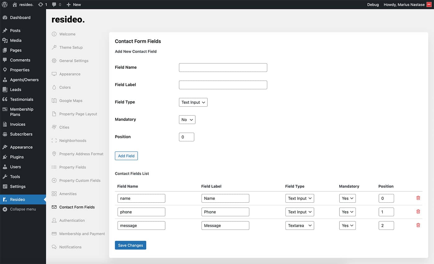 Reside theme contact form fields settings