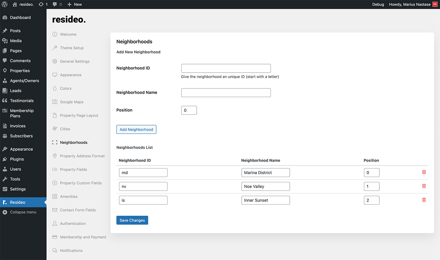 Resideo theme neighborhoods settings