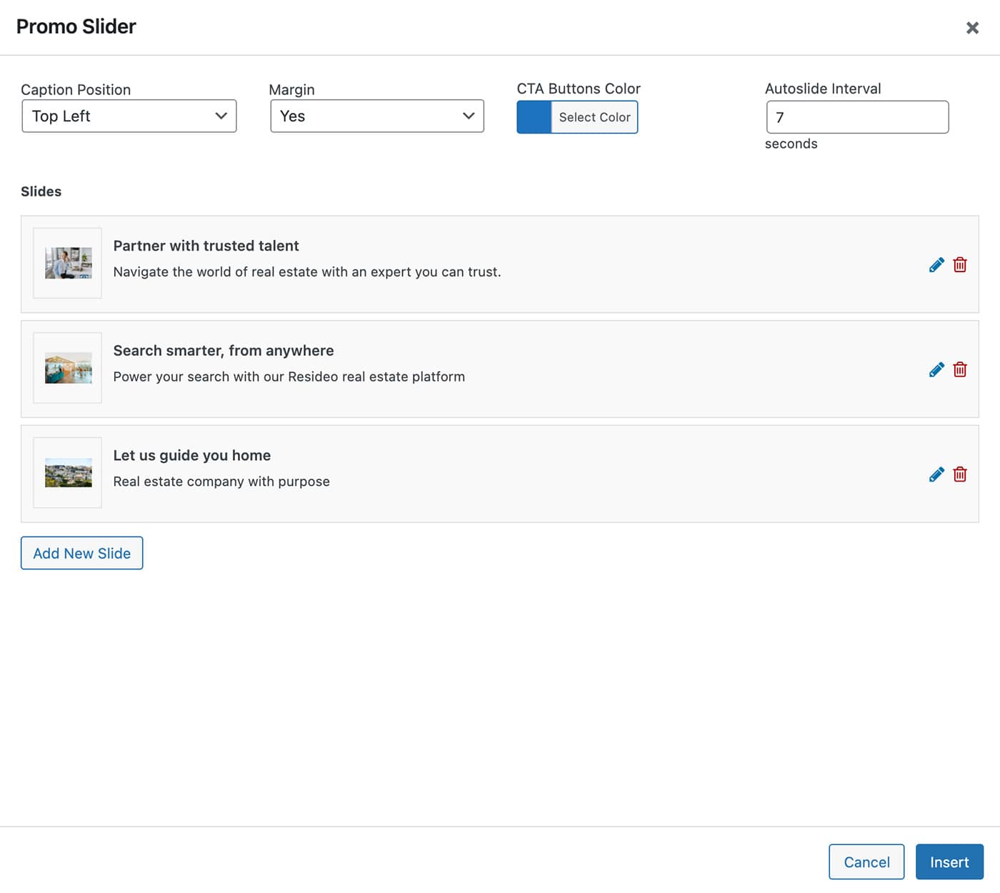 Resideo theme Promo Slider content module slides list