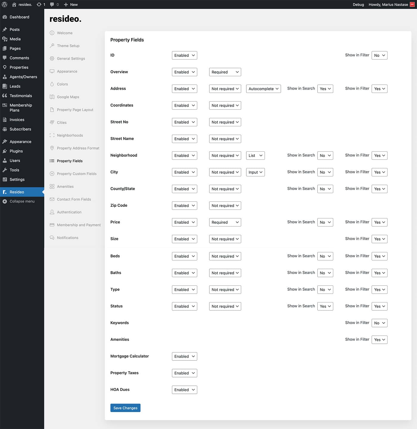 Resideo theme property fields settings