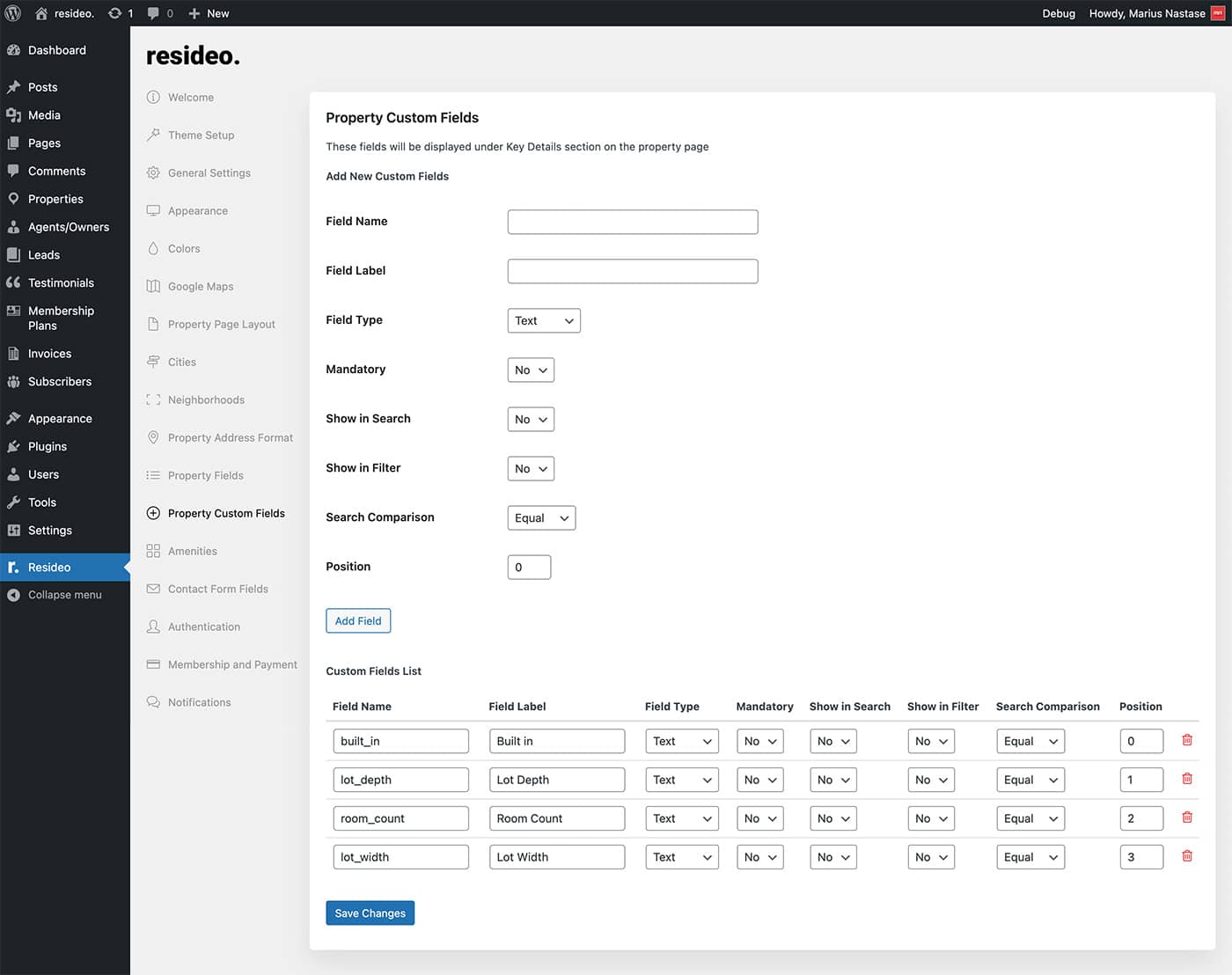 Resideo theme property custom fields settings