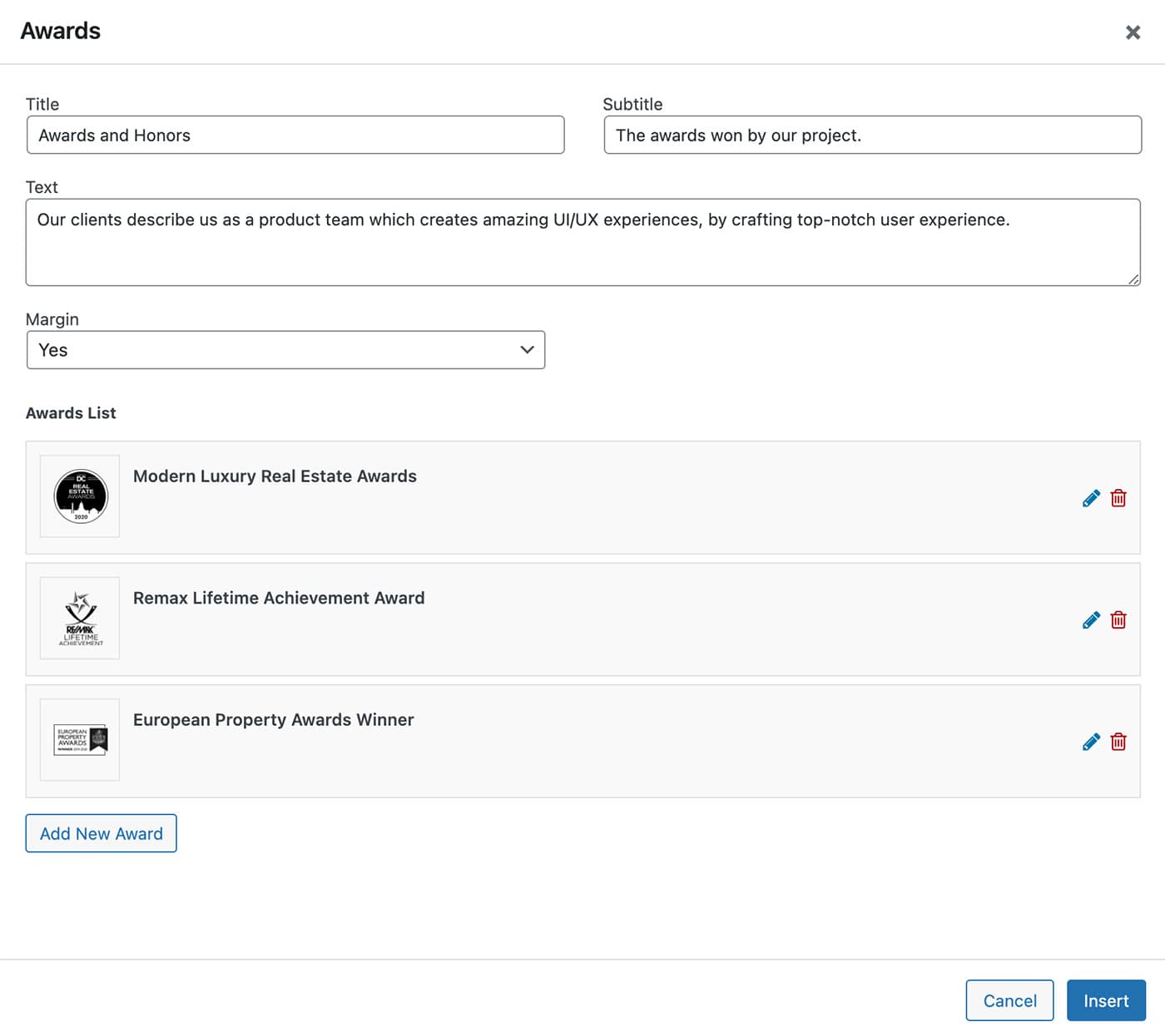 Resideo theme Awards content module awards list