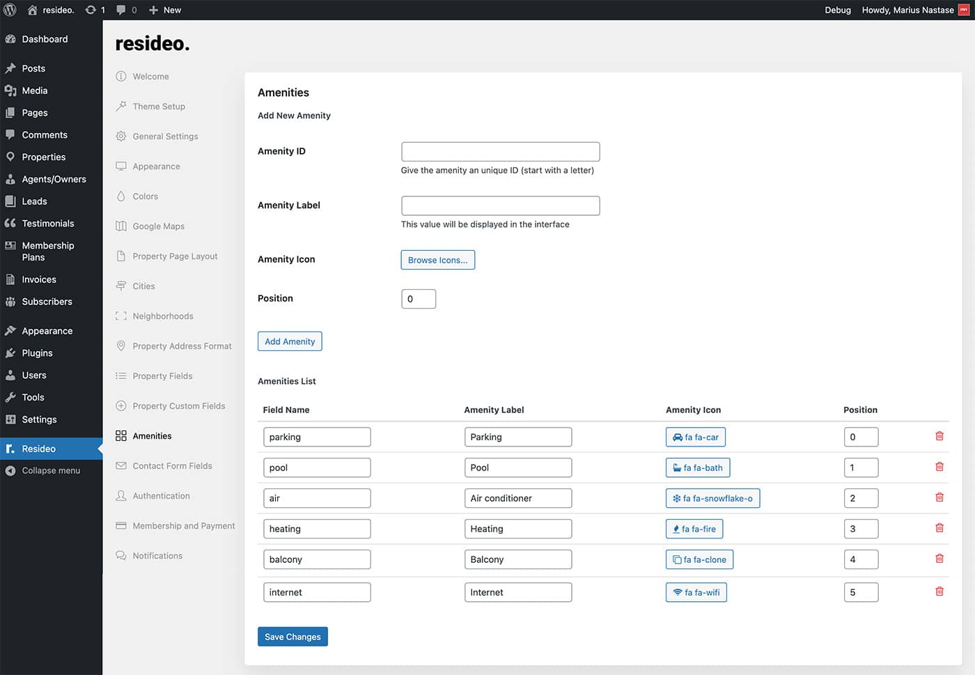 Resideo theme property amenities settings