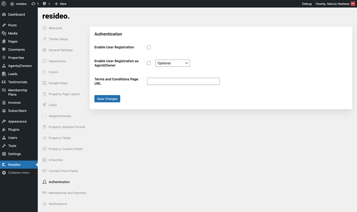 Reside theme authentication settings