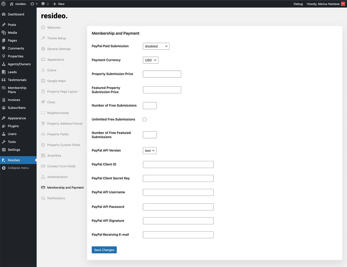 Resideo theme membership and payment settings