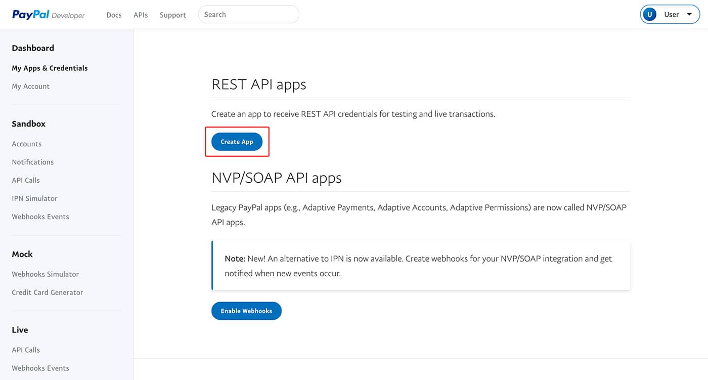 Resideo theme PayPal create app