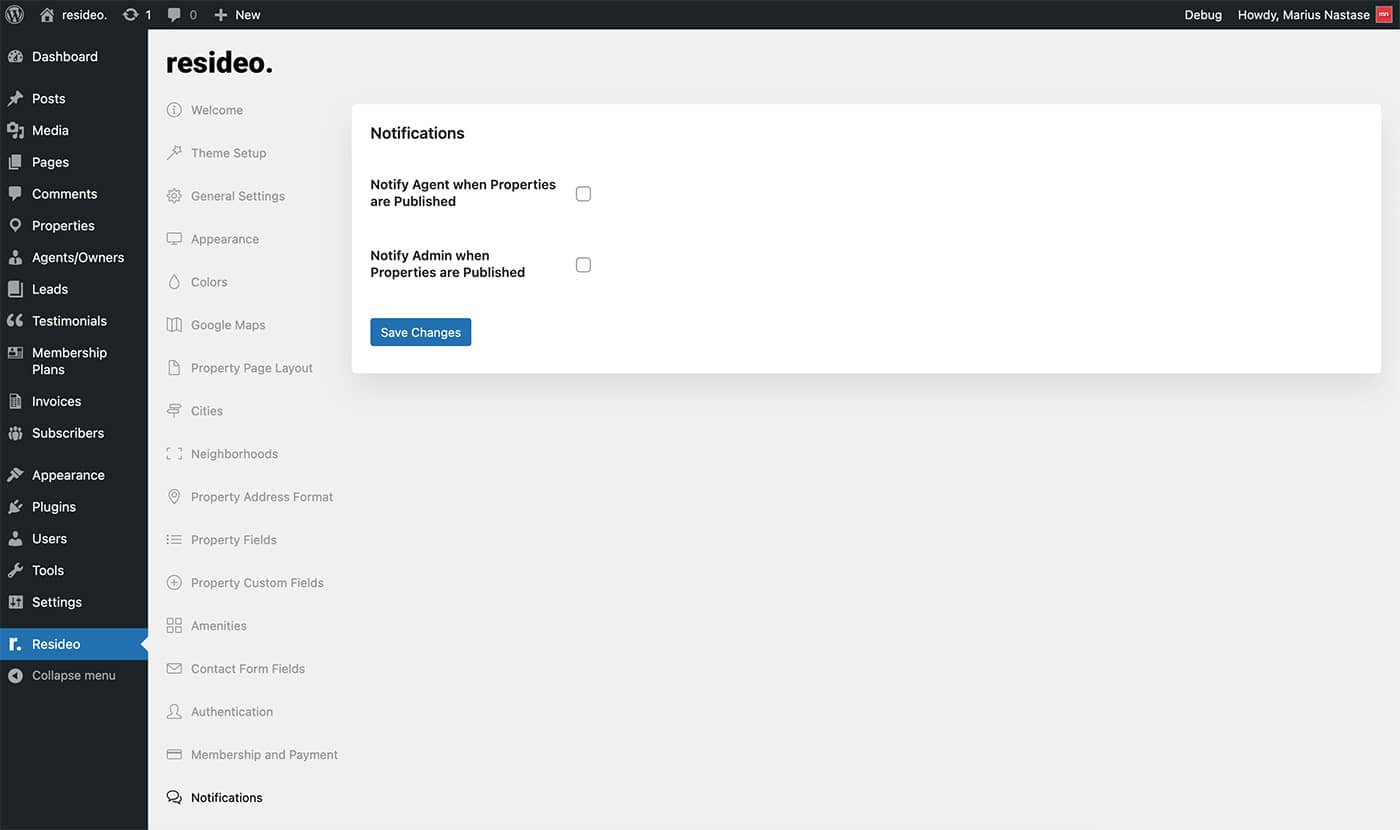 Resideo theme notifications settings