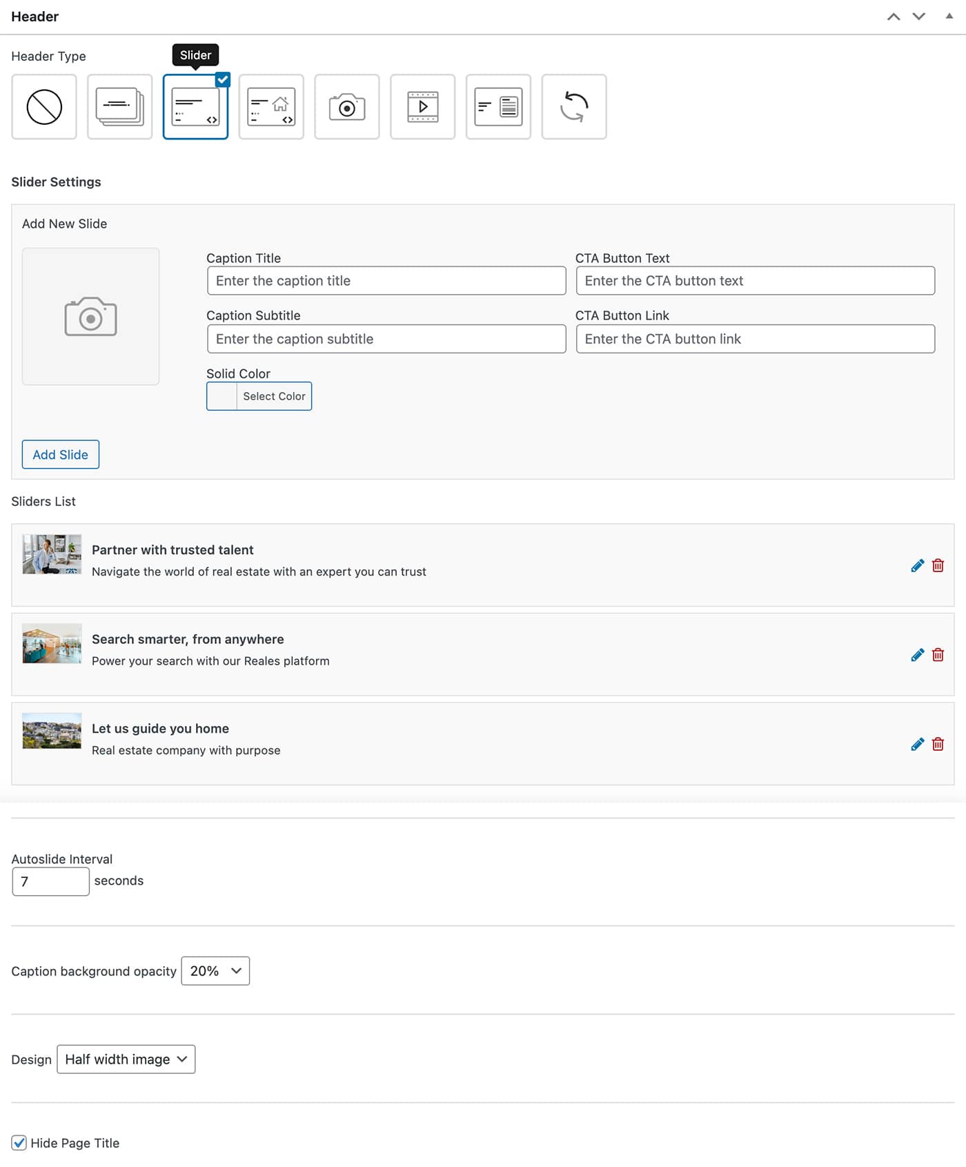 Resideo theme slider page header
