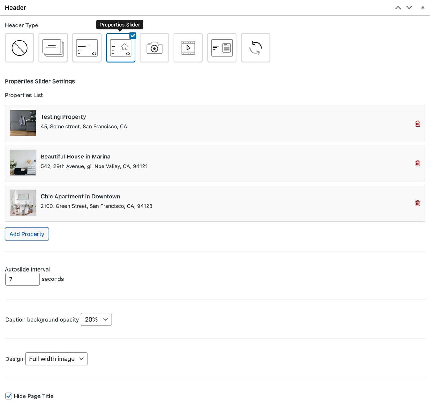 Resideo theme properties slider page header