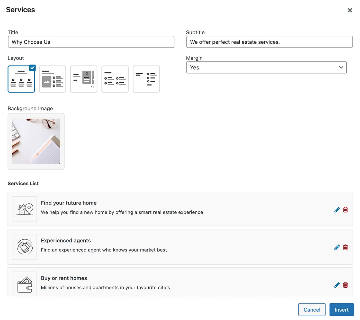 Resideo theme Services content module services list
