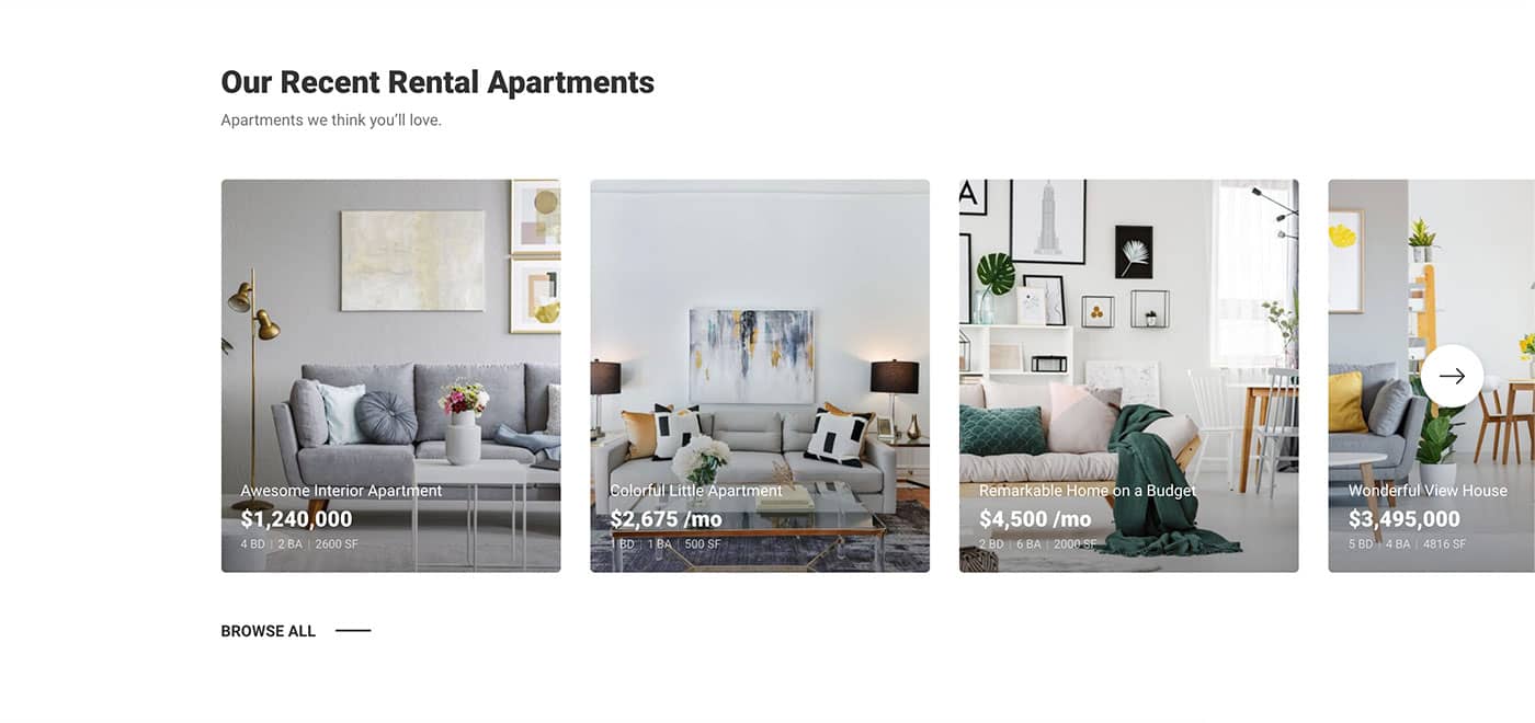 Resideo theme Recent Properties content module front-end