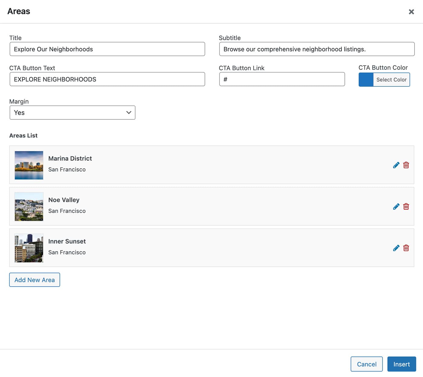 Resideo theme Areas content module areas list